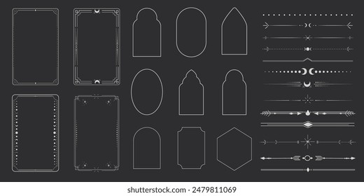 Marco esotérico mínimo celestial plateado, borde delgado de la línea, decoración lineal mística divisoria con puntos, luna, estrellas y esquinas aisladas sobre fondo oscuro. Forma geométrica, tarot 