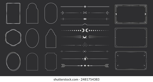 Silver celestial minimal esoteric frame, thin line border, divider mystyc linear decoration with dots, moon, stars corners isolated on dark background. Geometric shape, tarrot 