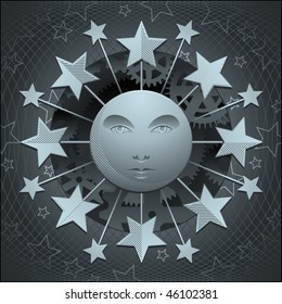 Silver celestial moon and stars with gears