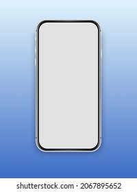 Silver cell phone mockup on a blue gradient background. Smart phone empty template. Cellphone frame with blank display isolated.