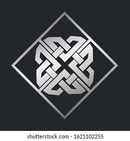 Silver celtic ornament inscribed in a square. Vector illustration isolated on the dark background.