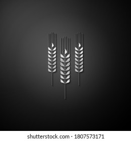 Silver Cereals icon with rice, wheat, corn, oats, rye, barley icon isolated on black background. Ears of wheat bread symbols. Agriculture wheat. Long shadow style. Vector.