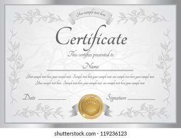 Silver Certificate Of Completion Template. Vector