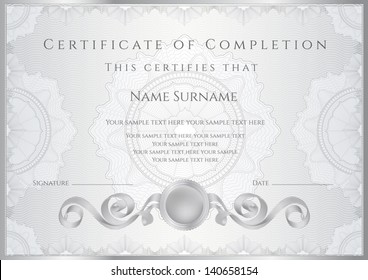 Silver Certificate / Diploma of completion (design template / sample background) with guilloche pattern (watermarks), border. Useful for: Certificate of Achievement, Certificate of education, awards
