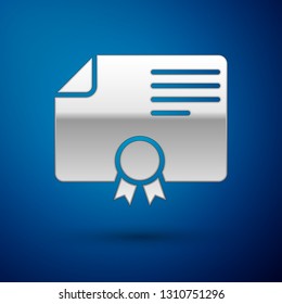 Silver Certificate template icon isolated on blue background. Degree icon. Achievement, award, grant, diploma concepts. Business success certificate. Vector Illustration