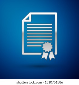Silver Certificate template icon isolated on blue background. Degree icon. Achievement, award, grant, diploma concepts. Business success certificate. Vector Illustration