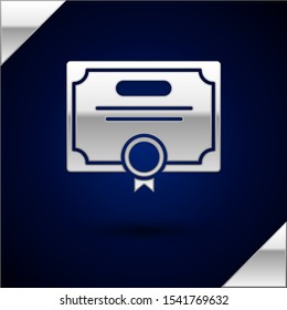Silver Certificate template icon isolated on dark blue background. Achievement, award, degree, grant, diploma. Business success certificate.  Vector Illustration