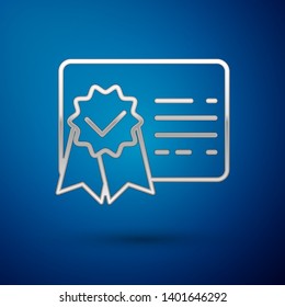 Silver Certificate template line icon isolated on blue background. Achievement, award, degree, grant, diploma concepts. Business success certificate. Vector Illustration