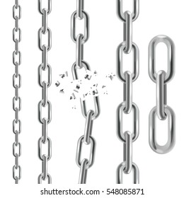 Silver Chain Collection - Line, Link and Broken Symbol of Security and Destruction. Vector illustration
