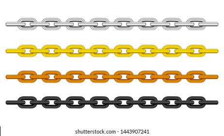 silver chain, gold chain, copper metal chain and black steel chains set isolated on black background, illustration chains