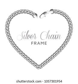 Silver chain heart love border frame. Wreath shape with a lobster claw clasp lock. Jewelry design, text frame.
Realistic vector illustration isolated on a white background.