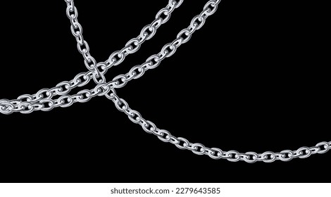 Silver chain isolated on black background. Realistic grey metal. Silver necklace. Platinum chain.  Luxury iron jewelry vector illustration for ads, flyers, wed site sale elements design. 