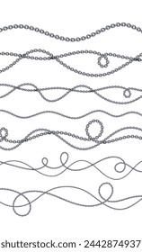 Silver chain isolated on white background. Realistic grey metal. Silver necklace. Platinum chain.  Luxury iron jewelry vector illustration for ads, flyers, wed site sale elements design. 