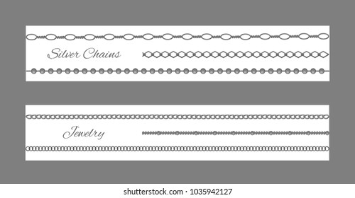 Silver chain and jewelry, set of stripes of white color with precious jewellery items collection and lettering, vector illustration isolated on grey