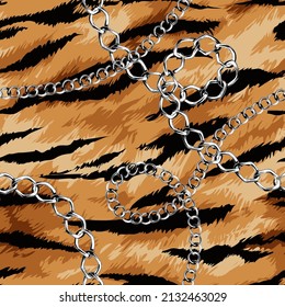 silver chain lace on tiger stripe background seamless pattern