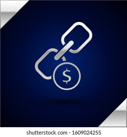 Silver Chain link and coin icon isolated on dark blue background. Link single. Hyperlink chain symbol.  Vector Illustration