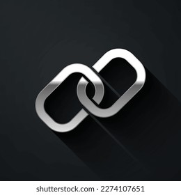 Silver Chain Link Symbol einzeln auf schwarzem Hintergrund. Link Single. Symbol der Hyperlink-Kette. Lange Schattenstil. Vektorgrafik