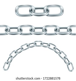 silver chain links of different shapes link, arc and level. Length of Chain Isolated on White Background