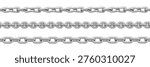 Silver chain links, seamless metal pattern with realistic steel texture, vector set isolated on white background. Jewelry design, necklace illustrations, iron border elements, frame collection