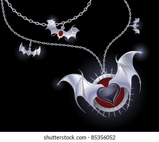 silver chain with a medallion with a black heart with silver wings vampire.