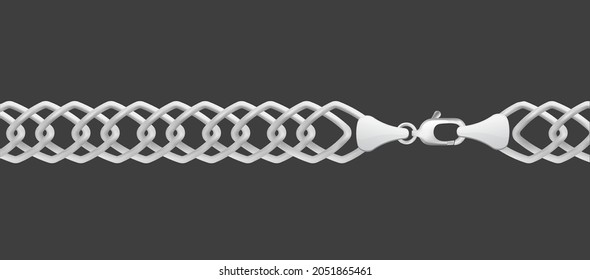 Silver chain of metallic flat rhombus links elements, realistic vector illustration isolated on dark background. Jewelry accessories geometric design shiny element.