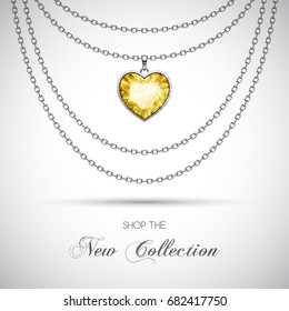 Silver Chain Necklace With Diamond Pendant. Vector Illustration