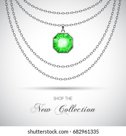 Silver Chain Necklace With Diamond Pendant. Vector Illustration