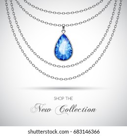 Silver Chain Necklace With Diamond Pendant. Vector Illustration