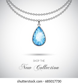 Silver Chain Necklace With Diamond Pendant. Vector Illustration