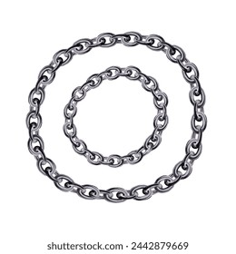 Silver chain round border frame. Wreath iron circle shape. Realistic vector illustration isolated on a white background. 