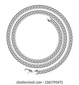 Silver chain round spiral border frame. Wreath circle shape. Jewelry design, text frame. Realistic vector illustration isolated on a white background.