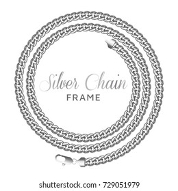 Silver chain round spiral border frame. Wreath circle shape. Jewelry design, text frame.
Realistic vector illustration isolated on a white background.