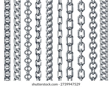 Silver chain seamless borders. Vertical metal links, polished steel pattern brushes for jewelry, marine design. Glossy realistic chains for necklace or bracelet vector dividers isolated set.
