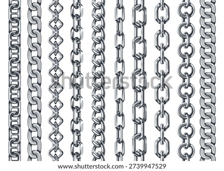 Silver chain seamless borders. Vertical metal links, polished steel pattern brushes for jewelry, marine design. Glossy realistic chains for necklace or bracelet vector dividers isolated set.