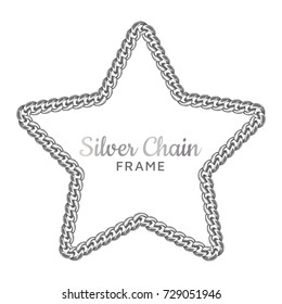 Silver chain star border frame. Wreath starry shape. Jewelry accessory design, text frame. Realistic vector illustration isolated on a white background.
