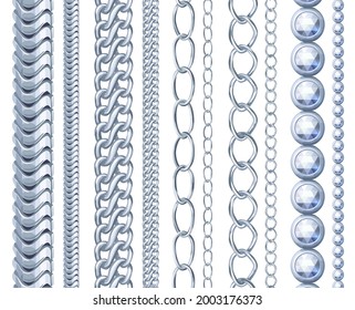 Silver chains collection, vector cartoon illustration of jewelry chains isolated on white background