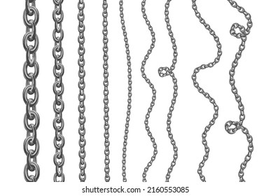 Silver chains collection, vector cartoon illustration of jewelry chains isolated on white background. 3d realistic stainless steel chain set. 