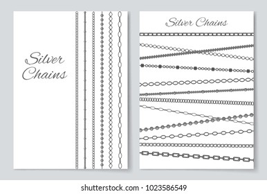 Silver chains, covers collection with headline and jewellery placed vertically and horizontally, vector illustration, isolated on grey background