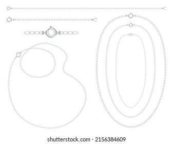 Silver chains, necklaces, bracelets, links, clasps, isolated on white background. Zoom in to see detailed shading. Easy to customize. 