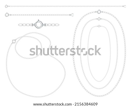 Silver chains, necklaces, bracelets, links, clasps, isolated on white background. Zoom in to see detailed shading. Easy to customize.  Foto d'archivio © 