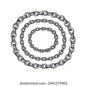 Silver chains round borders frames. Wreath glossy iron circle shape. Realistic jewelry vector illustration isolated on a white background.