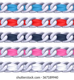 Silver chains set with colorful threaded fabric ribbon vector brush. Good for necklace, bracelet, jewelry accessory design.