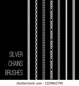 Silver chains. Vector metal chain brushes set isolated on black background, seamless stable steel links for necklace or security