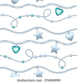 Silver chains white and green gemstones seamless pattern on white background. Star and heart pendants. Necklace or bracelet illustration. Good for cover card banner luxury design.