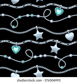 Silver chains white and green gemstones seamless pattern on black background. Star and heart pendants. Necklace or bracelet illustration. Good for cover card banner luxury design.