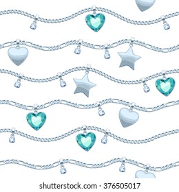 Silver chains white and green gemstones seamless pattern on white background. Star and heart pendants. Necklace or bracelet illustration. Good for cover card banner luxury design.