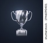 Silver champion cup isolated on black background. Vector realistic 3d illustration. Championship trophy. Sport award. Victory concept