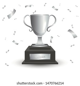 Silver champion cup isolated on white background. Championship trophy with glittering confetti particles. Vector illustration eps 10.