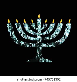 Silver Chanukaya. Jewish holiday Hanukkah. Vector illustration on black background