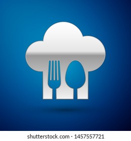 Silver Chef hat with fork and spoon icon isolated on blue background. Cooking symbol. Restaurant menu. Cooks hat.  Vector Illustration